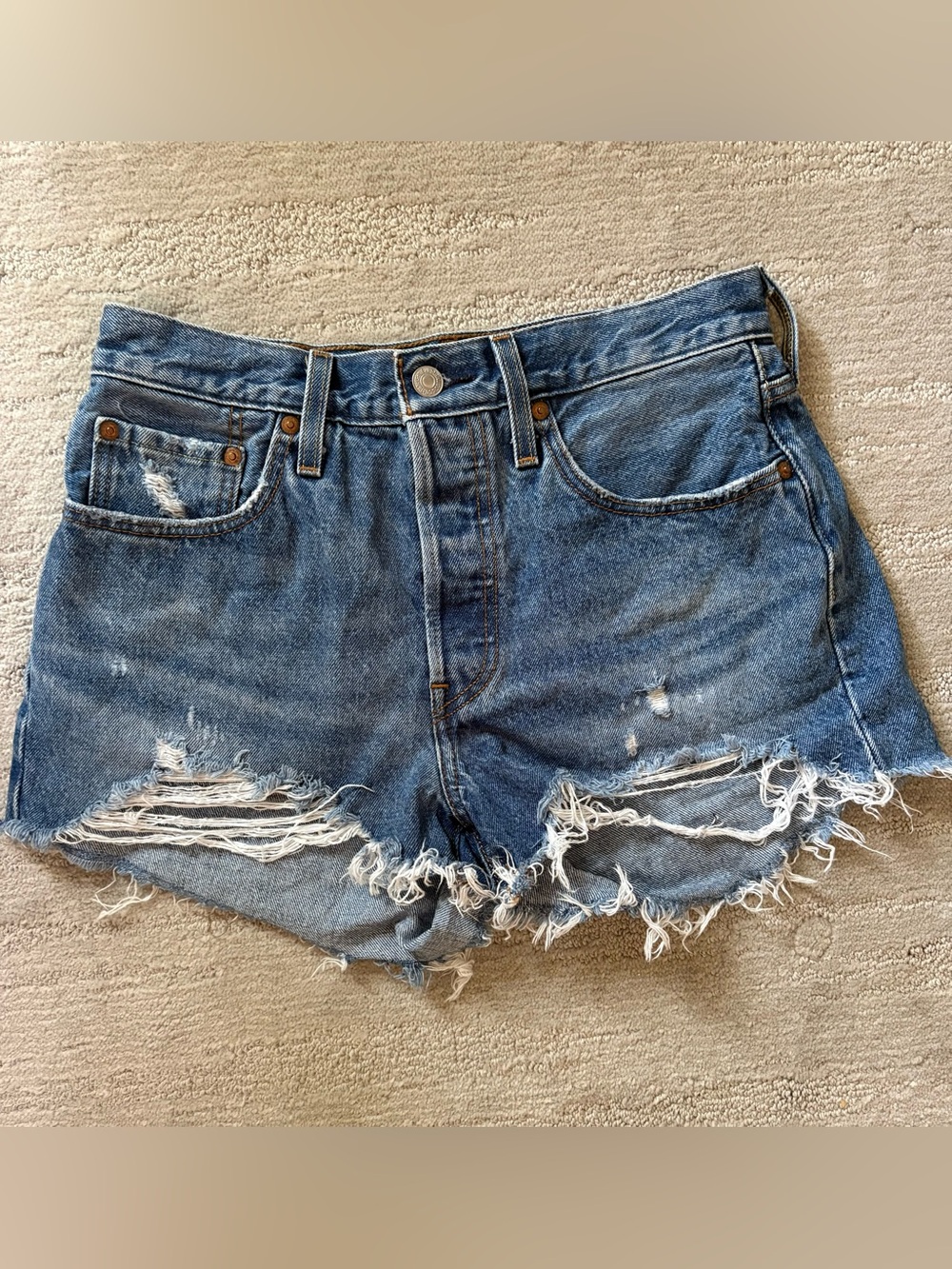 Levi's Premium 501 Original High Rise Shorts Distressed Denim Cut Off W27 Retro